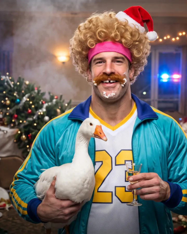 Mr. Gonner in a Santa hat holding a live goose.