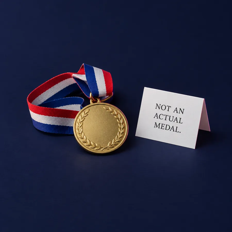 Gold souvenir medal next to a card reading Not an actual medal.