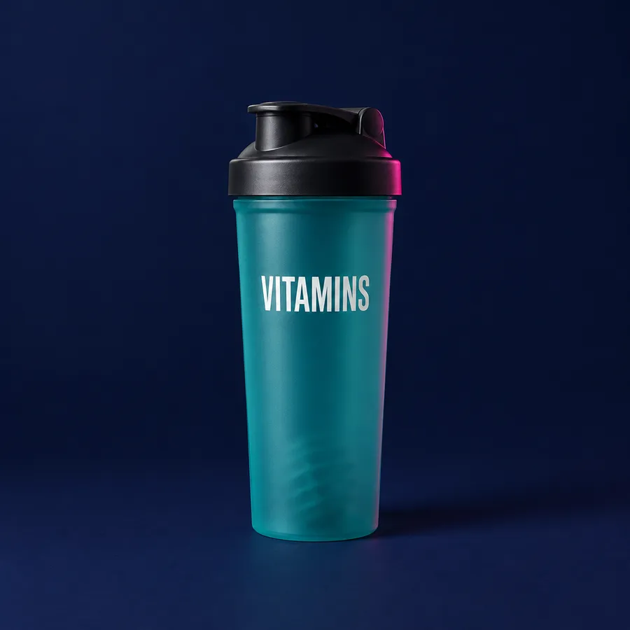 Teal shaker bottle printed with the word Vitamins.